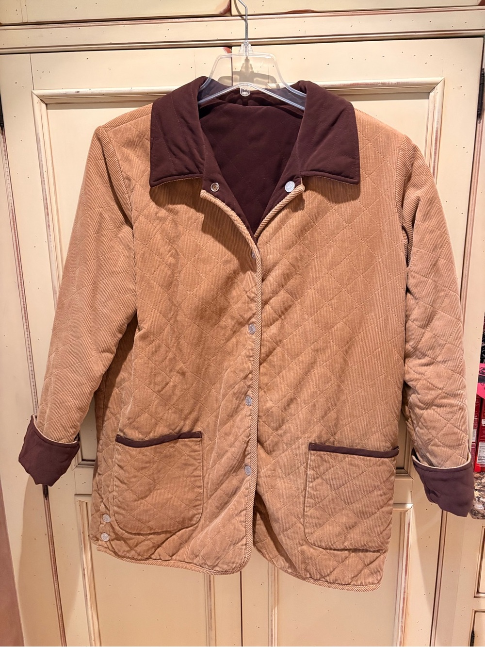 Denim&Co Quilted Tan Utility Jacket with Brown Trim